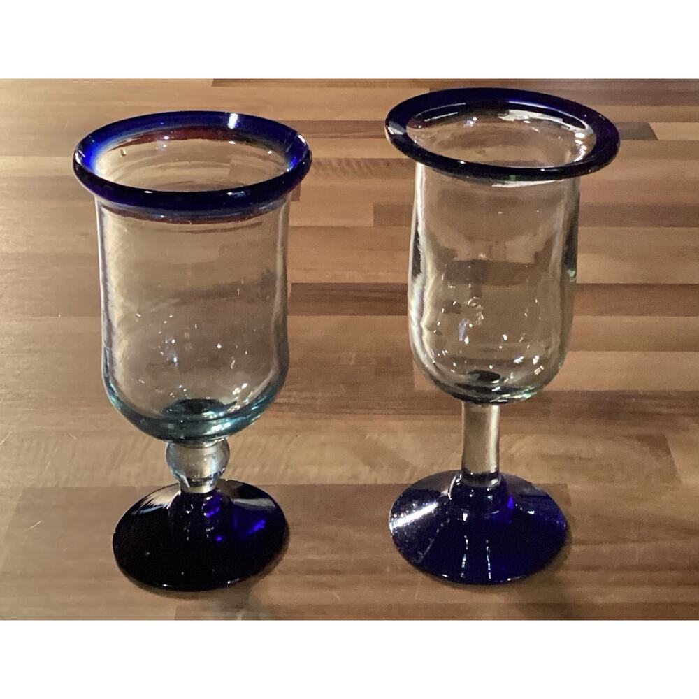 Mexican Hand Blown 7”/7.5” Wine Glasses Cobalt Blue Rim & Base Set of 2